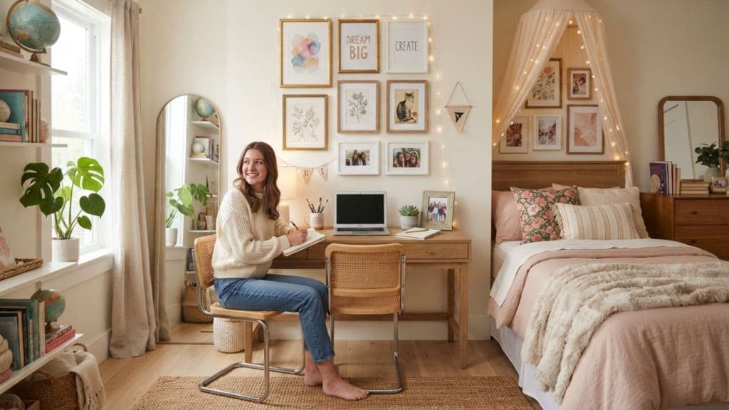 Girl bedroom idea with a small framed gallery wall above the desk