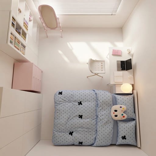 Minimalist bedroom aesthetic with a platform bed, closed storage and a neutral palette