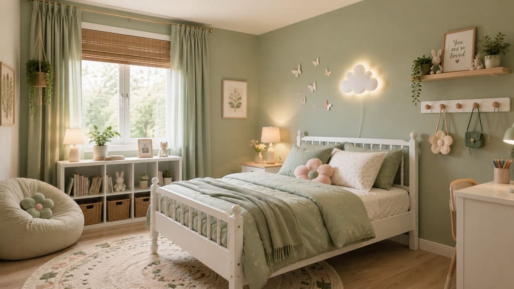 Sage green small girl bedroom idea with white bed frame