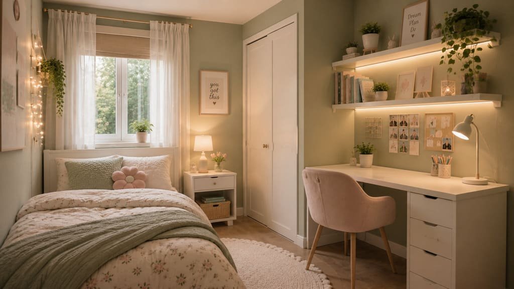 Small bedroom idea for girls with floating shelves above a study desk