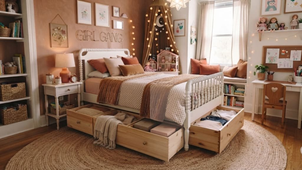 Small bedroom ideas for girls with a large area rug under the bed