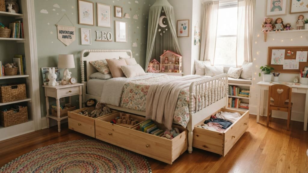 Small girl bedroom idea with under-bed storage drawers