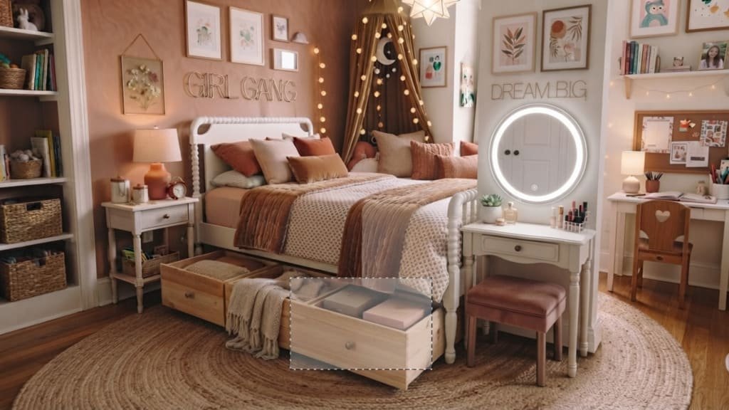 Teen girl bedroom idea with a compact vanity and lighted mirror