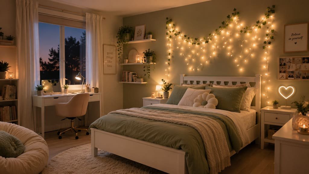 Teen girl bedroom idea with warm fairy lights above the bed