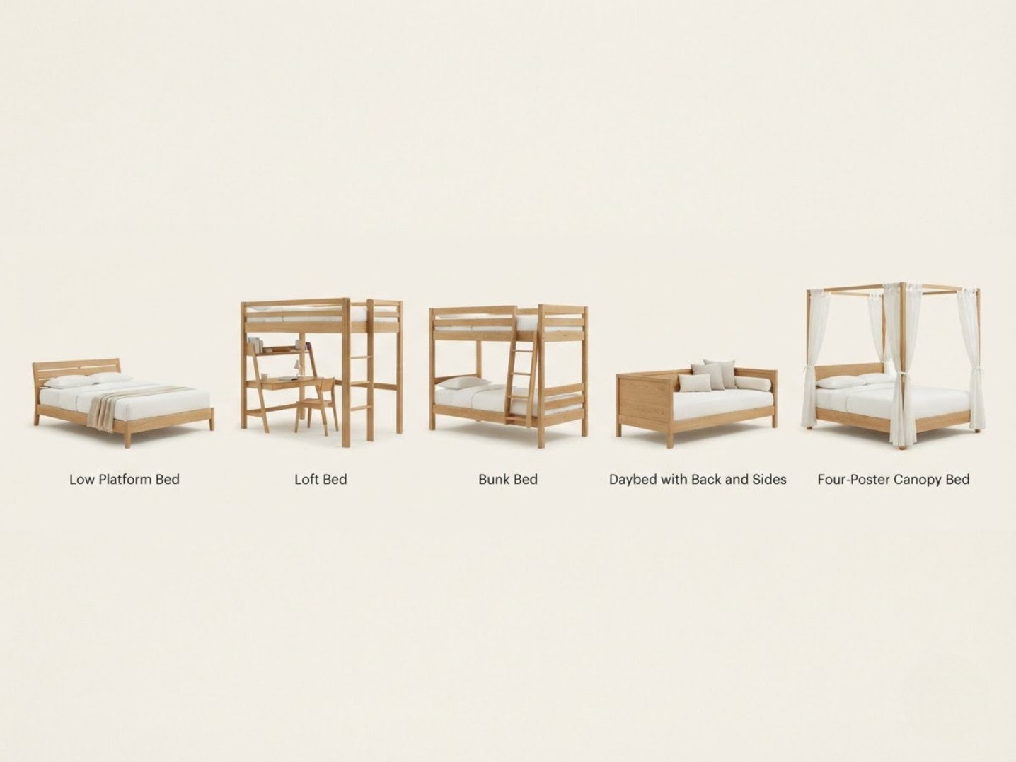 Types of beds with names including platform bed, loft bed and daybed