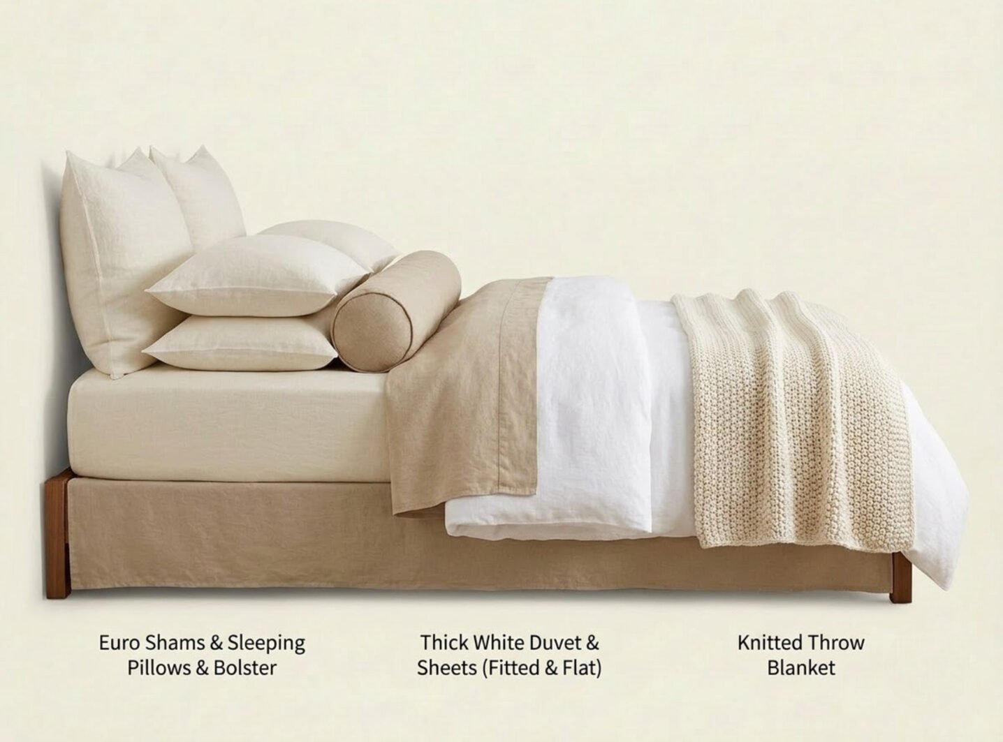 Bedding layers including duvet, quilt, pillow sham, bolster and throw