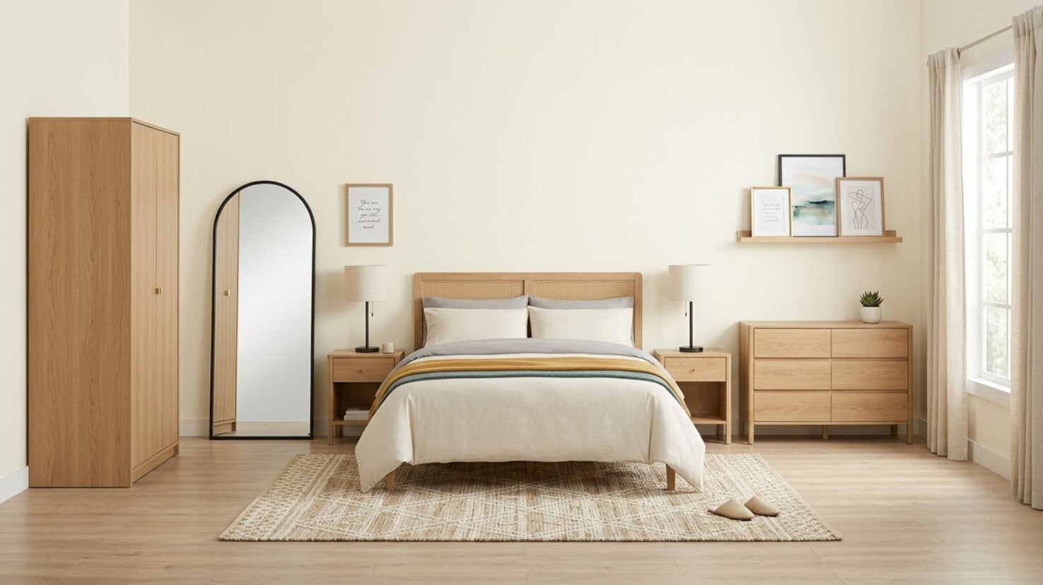 Bedroom furniture pieces including bed, nightstand, dresser and lighting