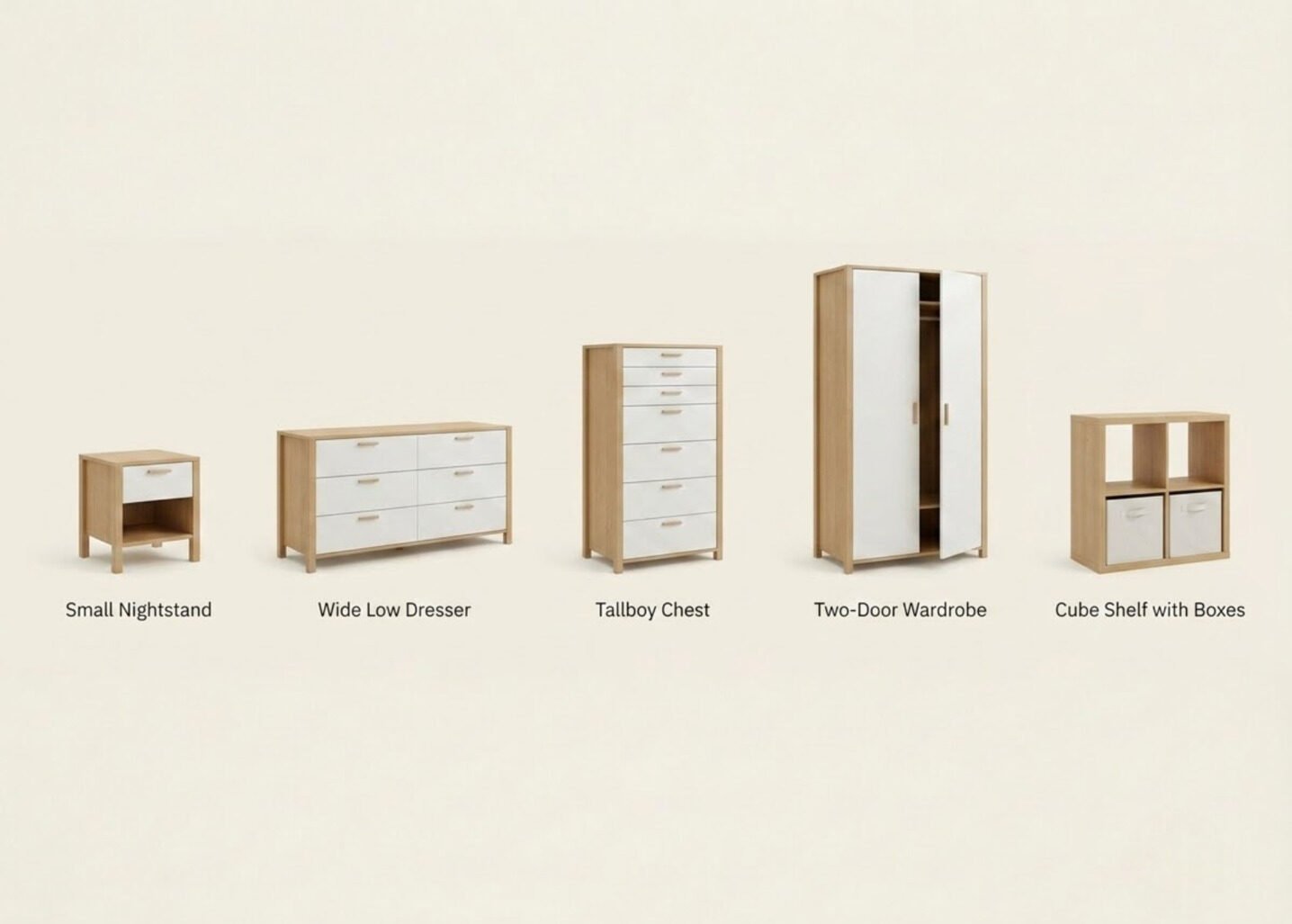 Bedroom storage furniture including nightstand, dresser, tallboy and wardrobe