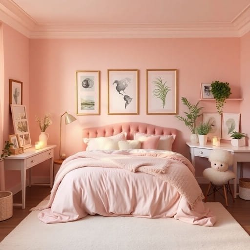 Blushcore bedroom aesthetic with blush pink walls, linen bedding and warm neutral tones