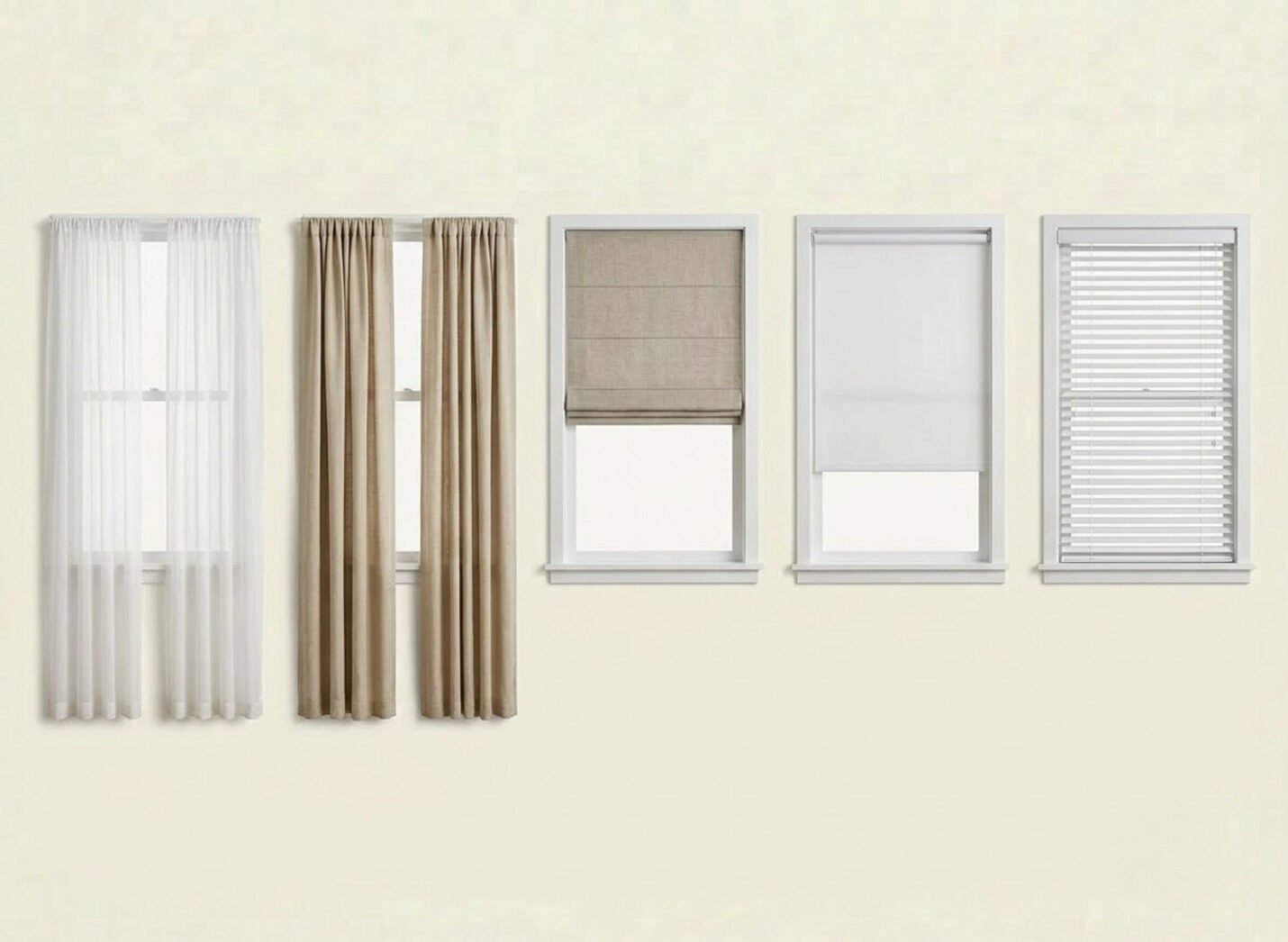 Curtain and blind types including sheer, blackout, roman shade and roller blind
