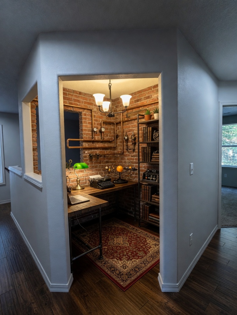 Industrial style room with exposed brick and metallics
