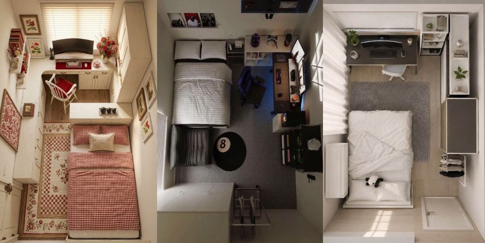 Top-down view of a small bedroom layout showing bed and furniture placement
