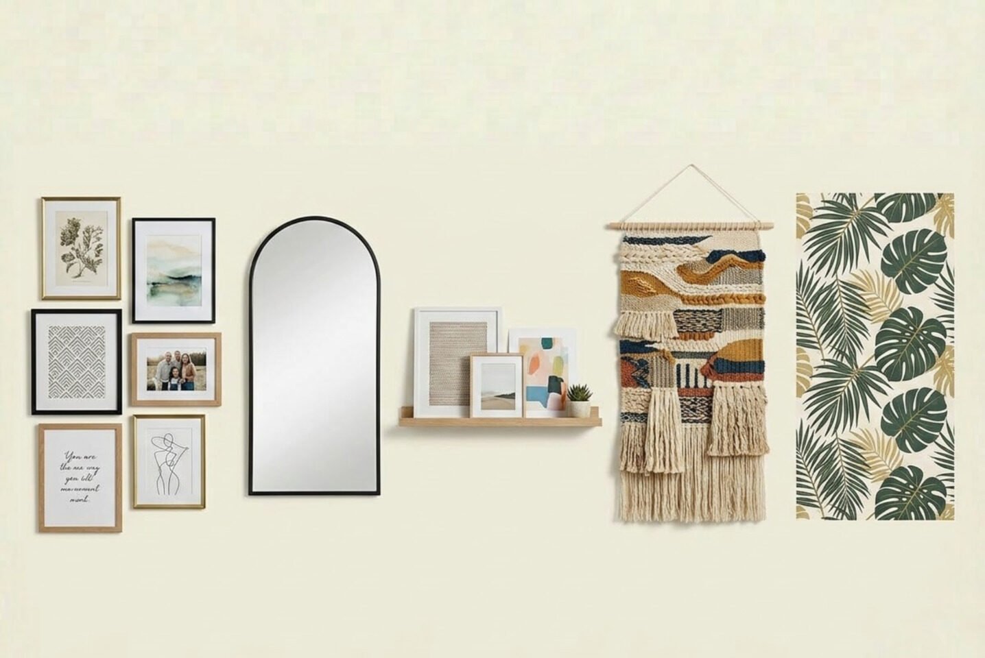 Bedroom wall decor including gallery wall, arch mirror, picture ledge and tapestry